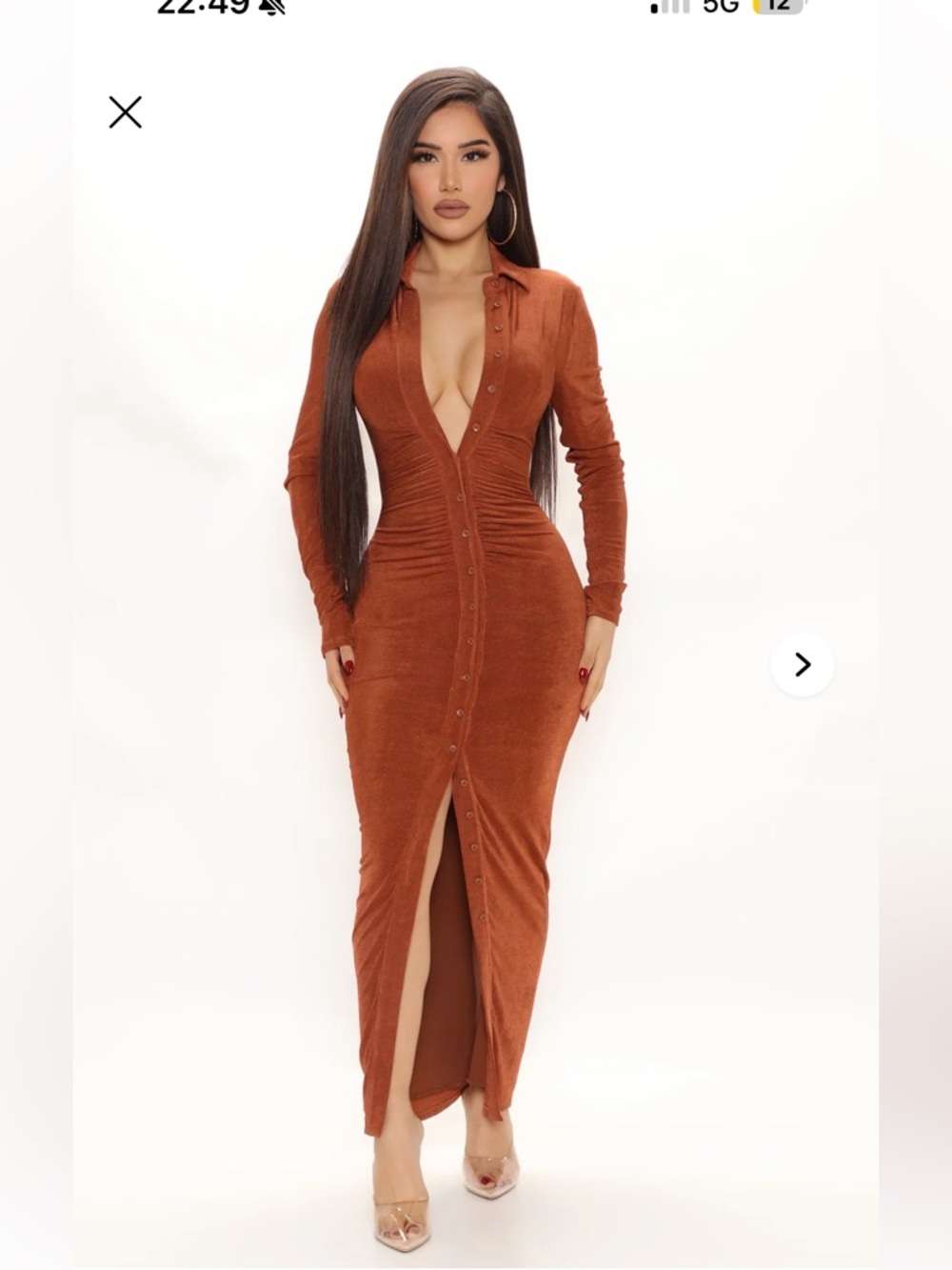 Fashion Nova Rust Button-Front Ruched Long Sleeve Dress